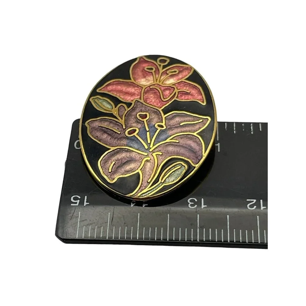 Vtg Fish & Crown Purple & Pink Oval Floral Flower Cloisonne Gold Tone Brooch Pin